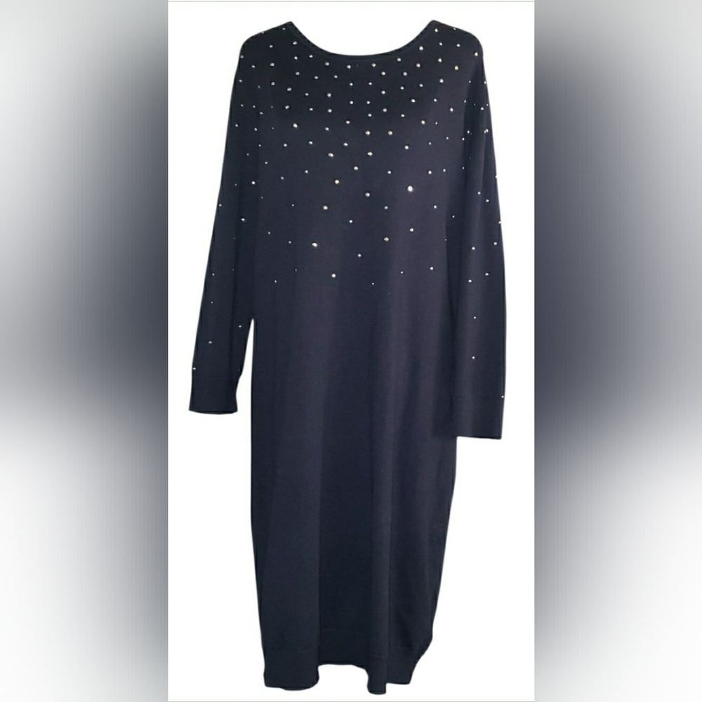 Minimalist XL Navy Blue Cotton Knit Soft Stretch Midi Dress New